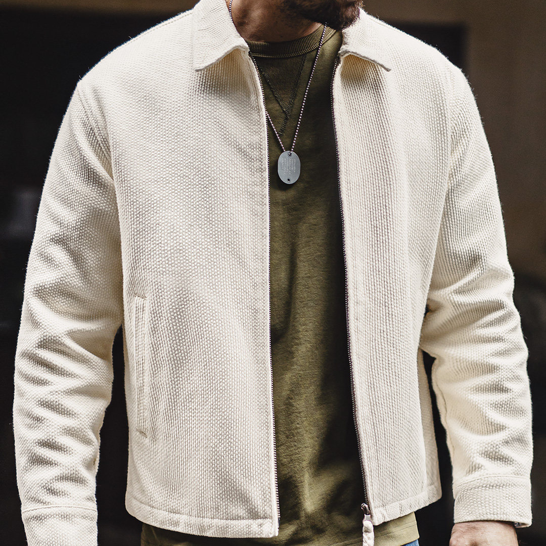 美式白色IKE教練夾克翻領重磅純棉正肩帆布短款外套男春