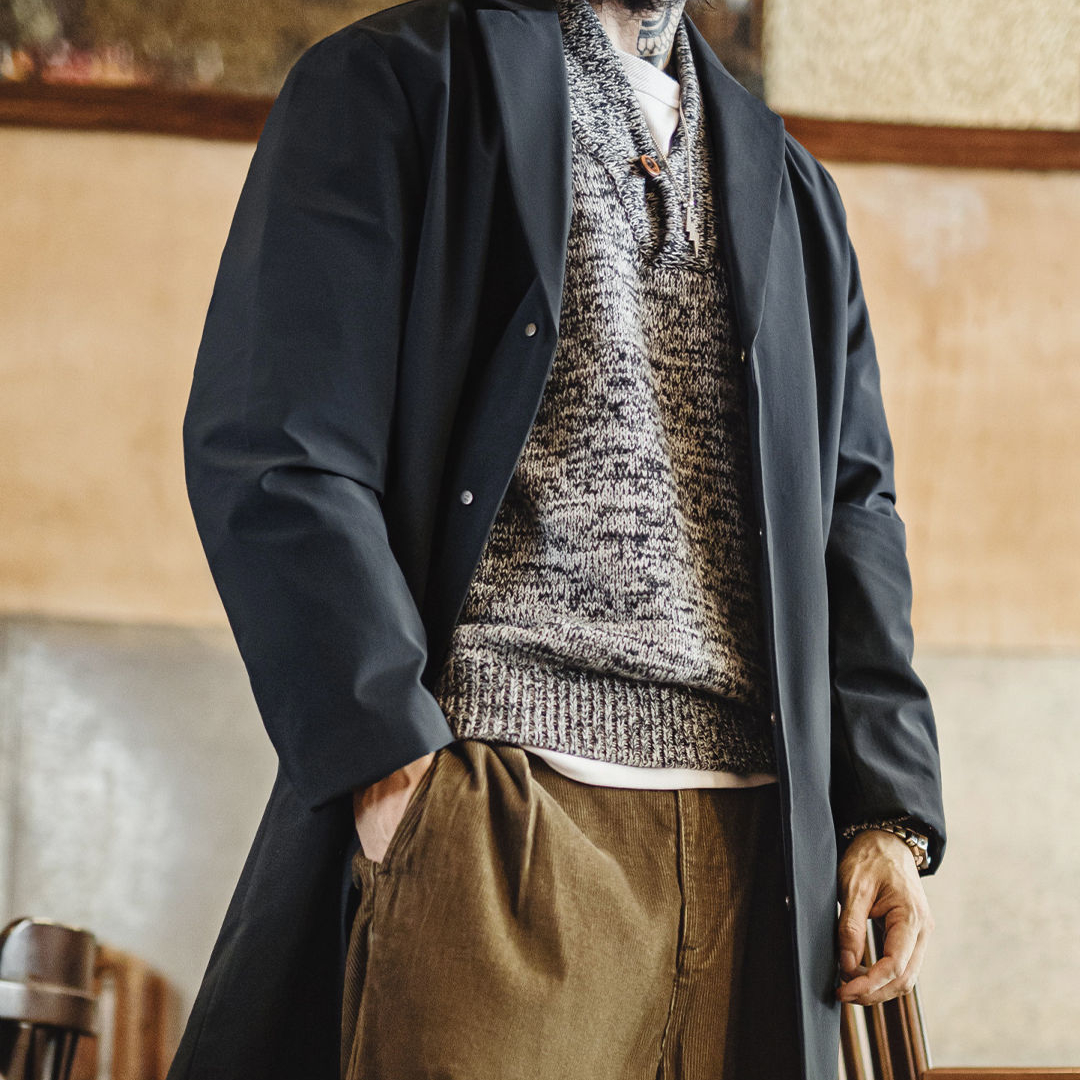 美式復古薄款通勤風衣英倫中長款藍色翻領大衣外套男秋季