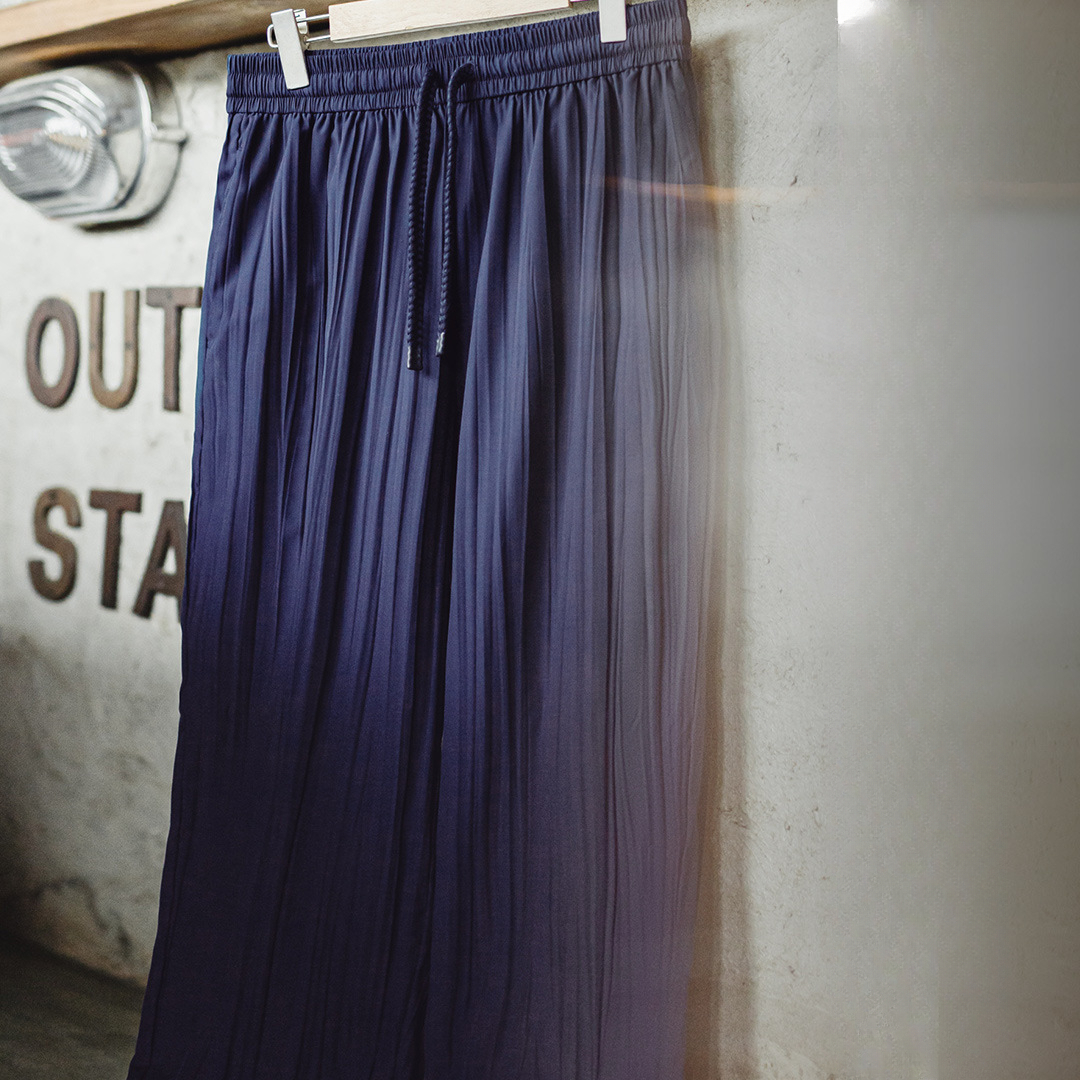 日系褶皺休閒坐禪褲藏青色輕薄款透氣抽繩垂感長褲子男夏