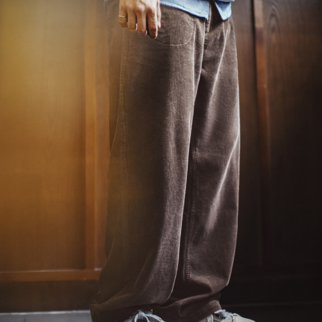 美式復古燈芯絨休閒褲咖色加厚直筒垂感闊腿長褲子男秋冬