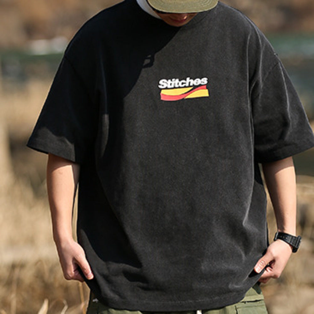 320g水洗發泡印花短袖男復古寬松休閑潮情侶T恤