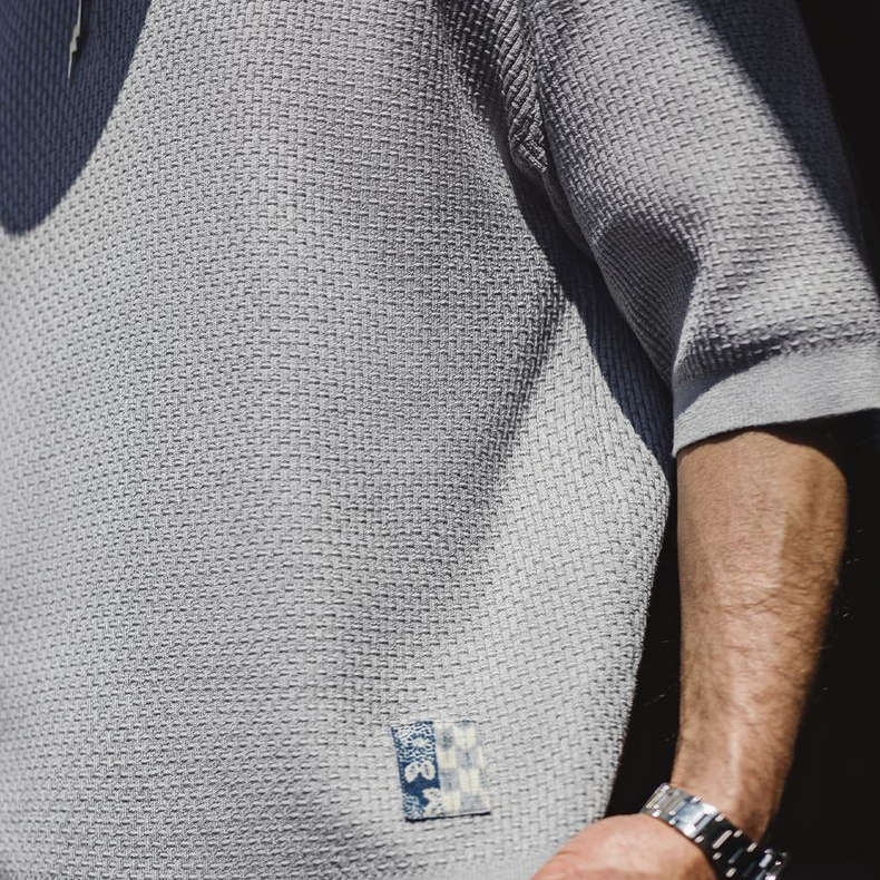 美式竹節紋亨利衫短袖老錢垂感針織灰色寬鬆半袖T恤男夏