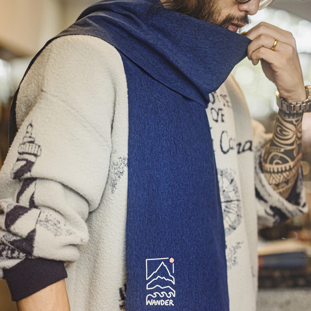 美式山影藍色印花圍巾保暖長圍脖披肩百搭薄款男士秋冬季