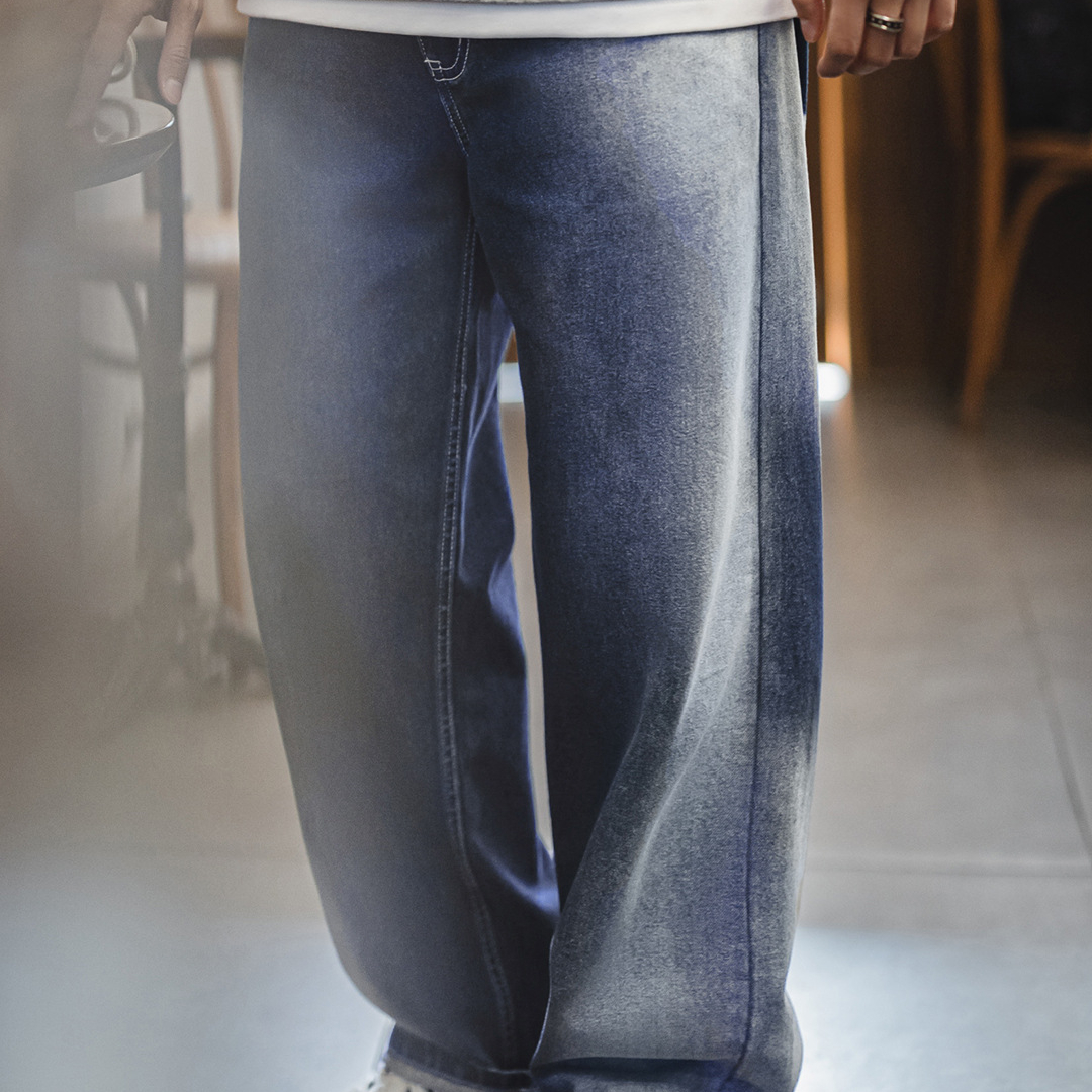 美式漸變冰藍色牛仔褲水洗丹寧萊賽爾cleanfit休閒褲男秋