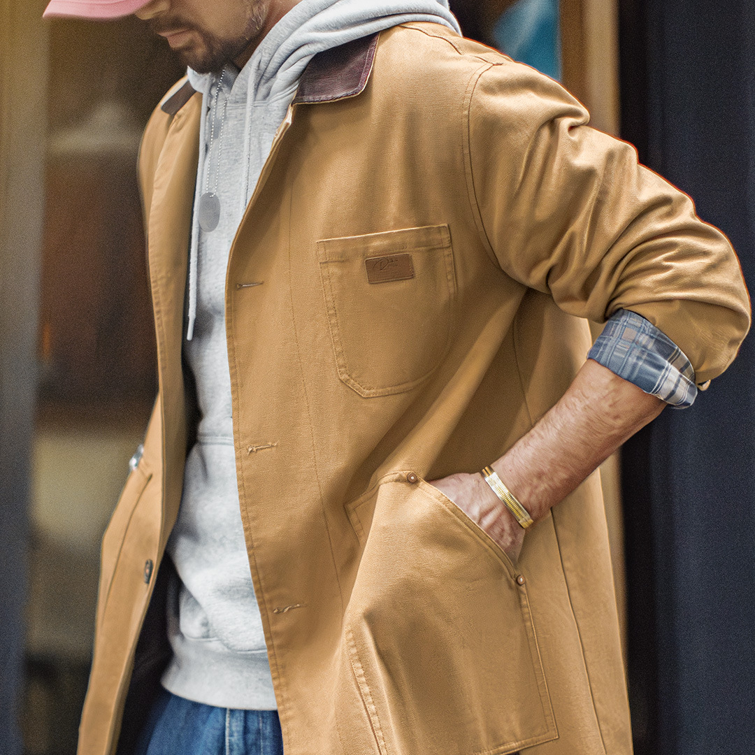 美式復古密歇根風衣卡其色巴恩風中長款廓形夾克外套男秋