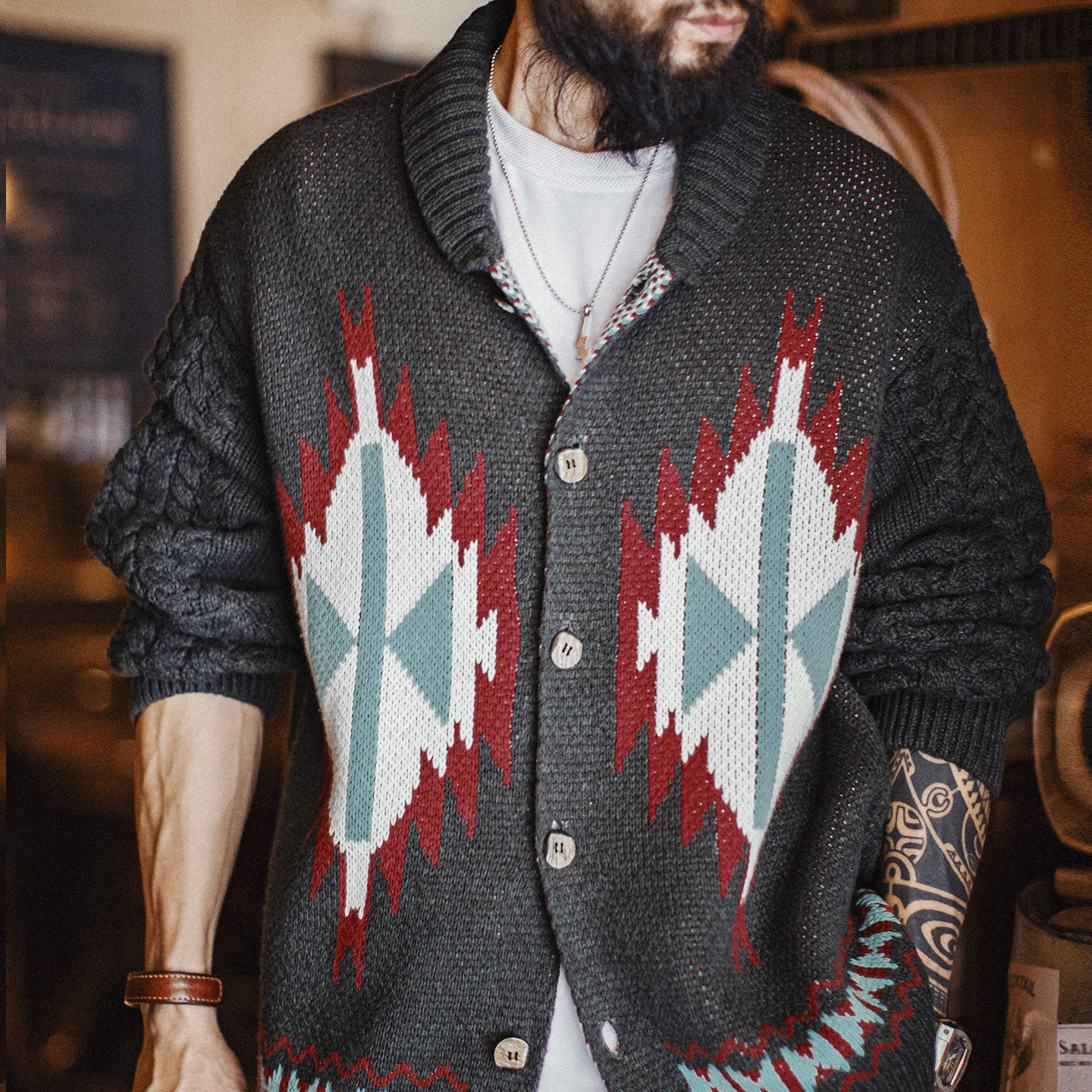 美式復古考津毛衣外套印第安青果領開衫針織毛衫男秋冬