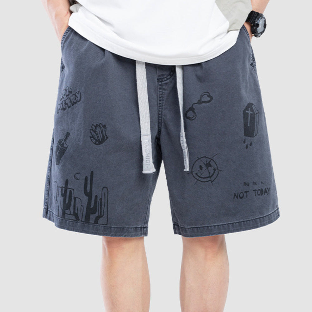 高級感個性塗鴉工裝短褲男士夏季寬松水洗純棉休閑五分褲