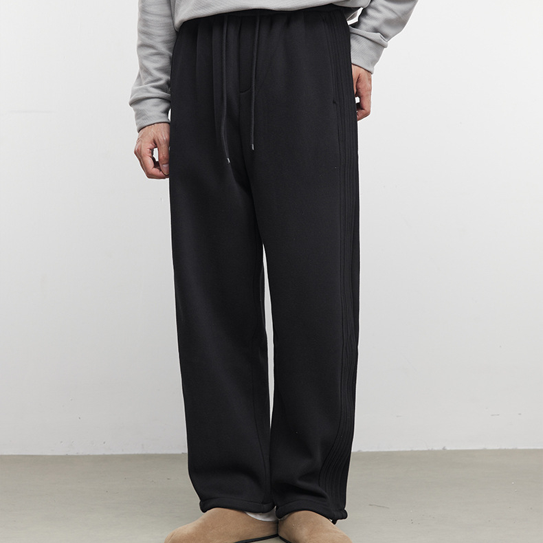 褶廓男士側縫壓褶直筒衛褲秋冬季加絨寬鬆垂感闊腿運動褲