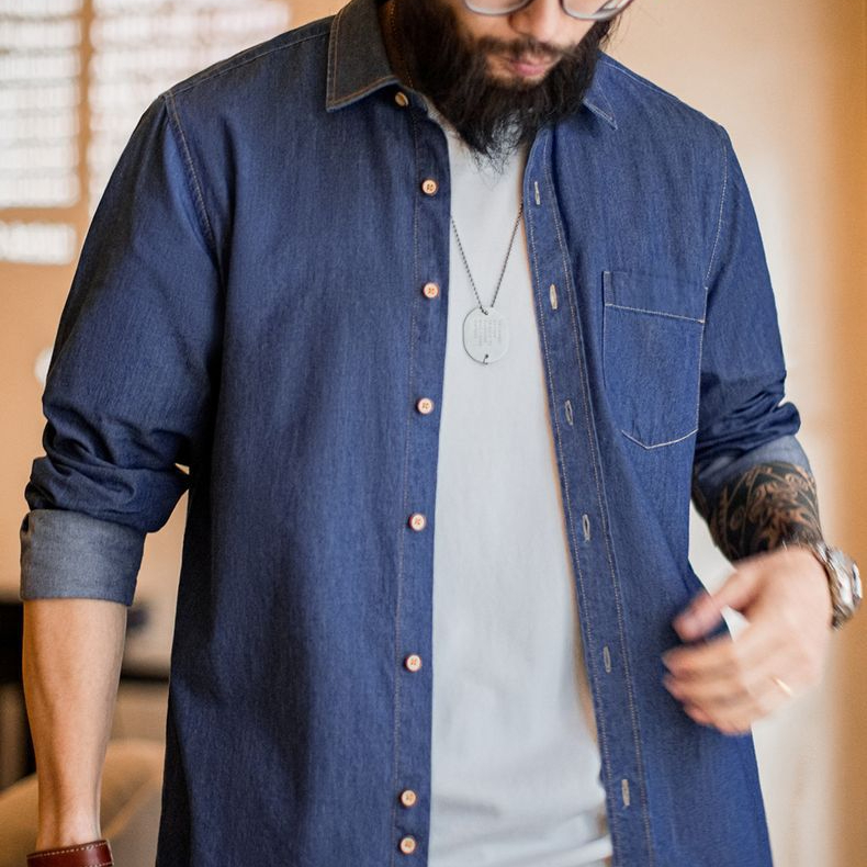 美式復古單口袋工裝牛仔襯衫丹寧休閒長袖修身襯衣男春季