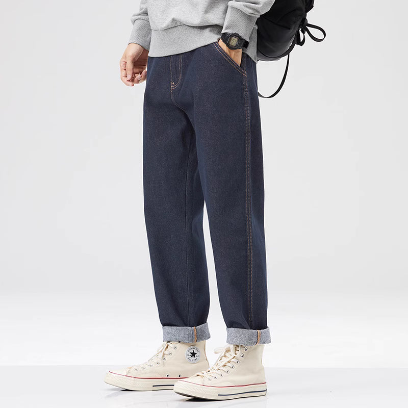 春秋款深藍色牛仔褲男士春季潮牌復古美式寬松直筒長褲