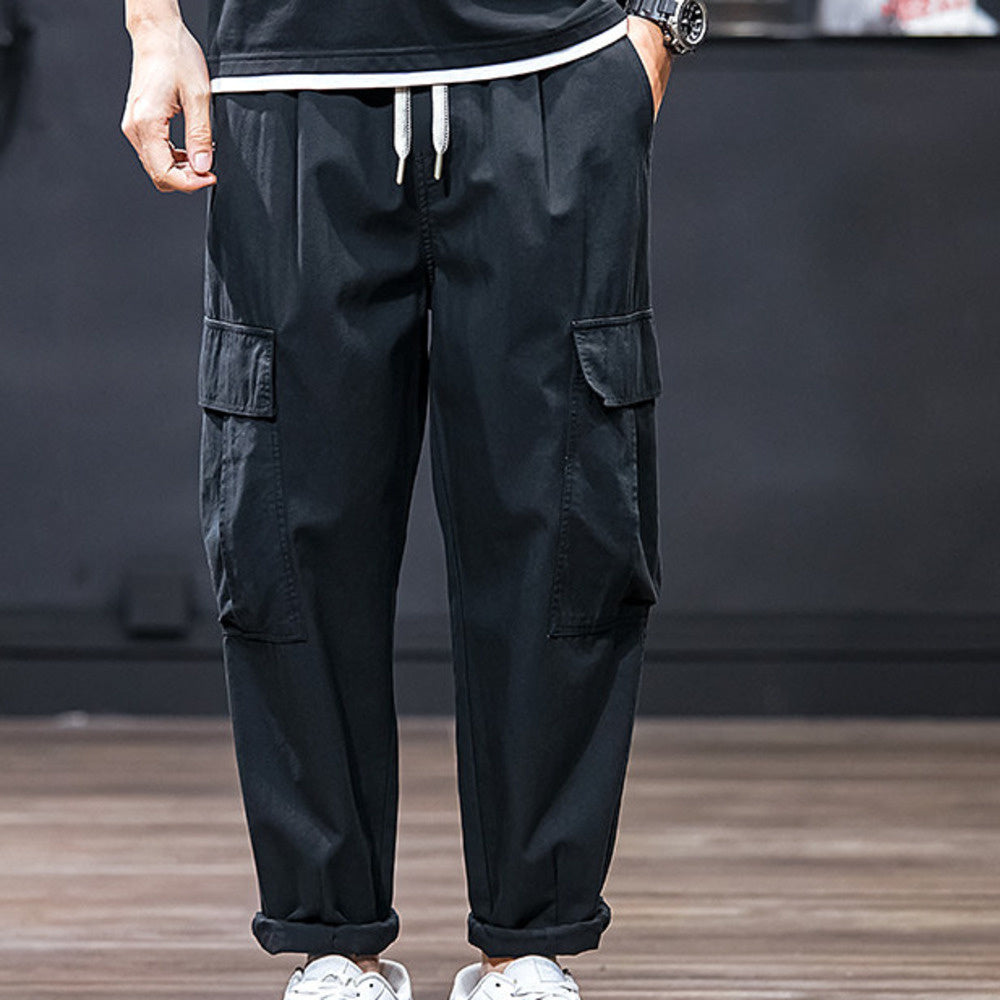 秋季工裝褲男士休閑褲寬松垂感錐形褲闊腿松緊腰長褲男裝純色褲子