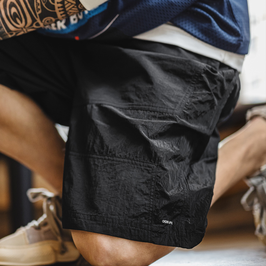 美式山系機能短褲黑色直筒尼龍薄款速幹沙灘五分褲男夏季