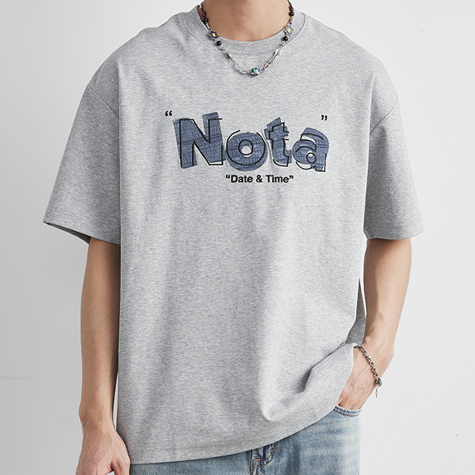 重磅220g棉圓領短袖T恤男夏季寬鬆牛仔貼布Nota字母印花上衣