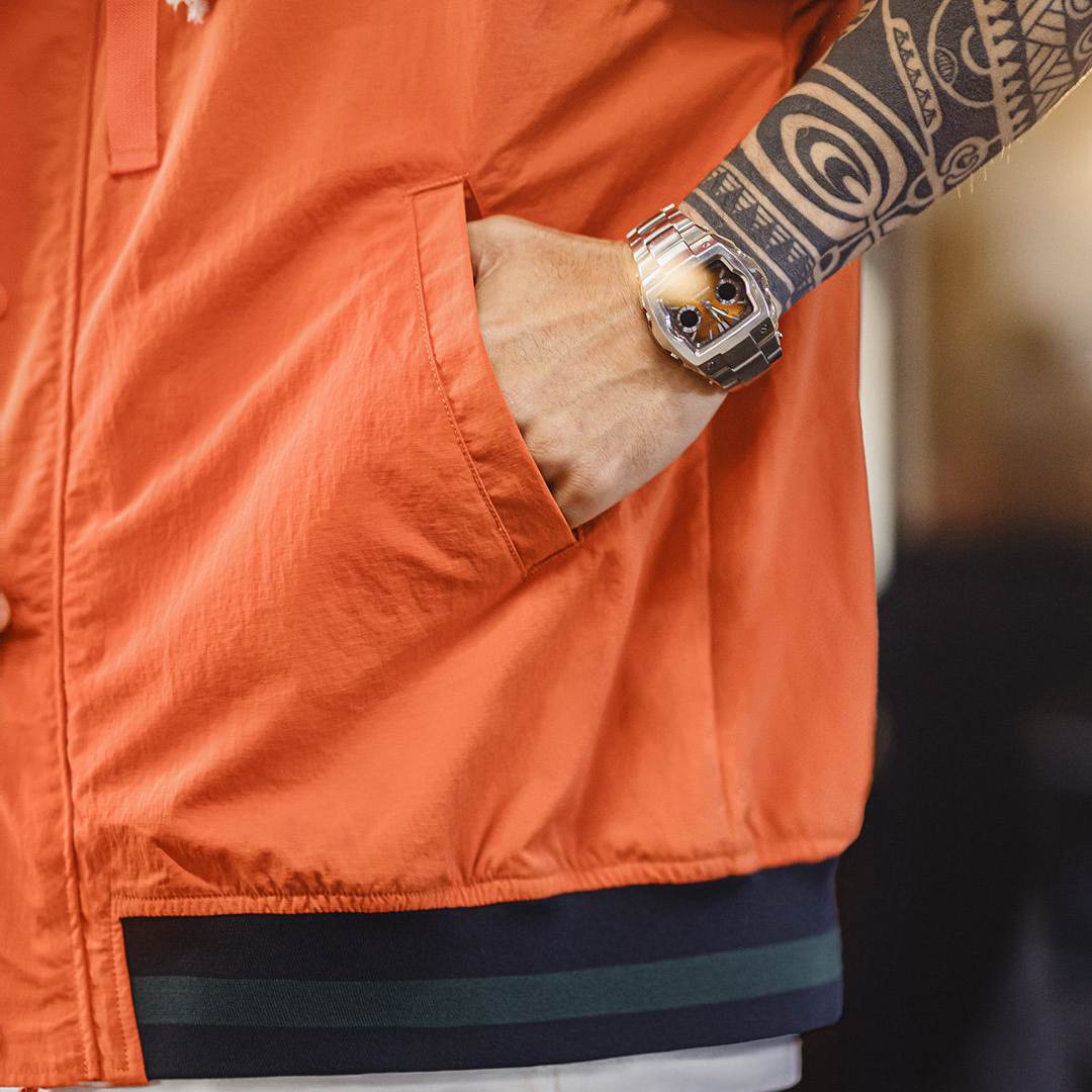 美式復古拼接撞色連帽夾克短薄款開衫橙色休閒外套男春季