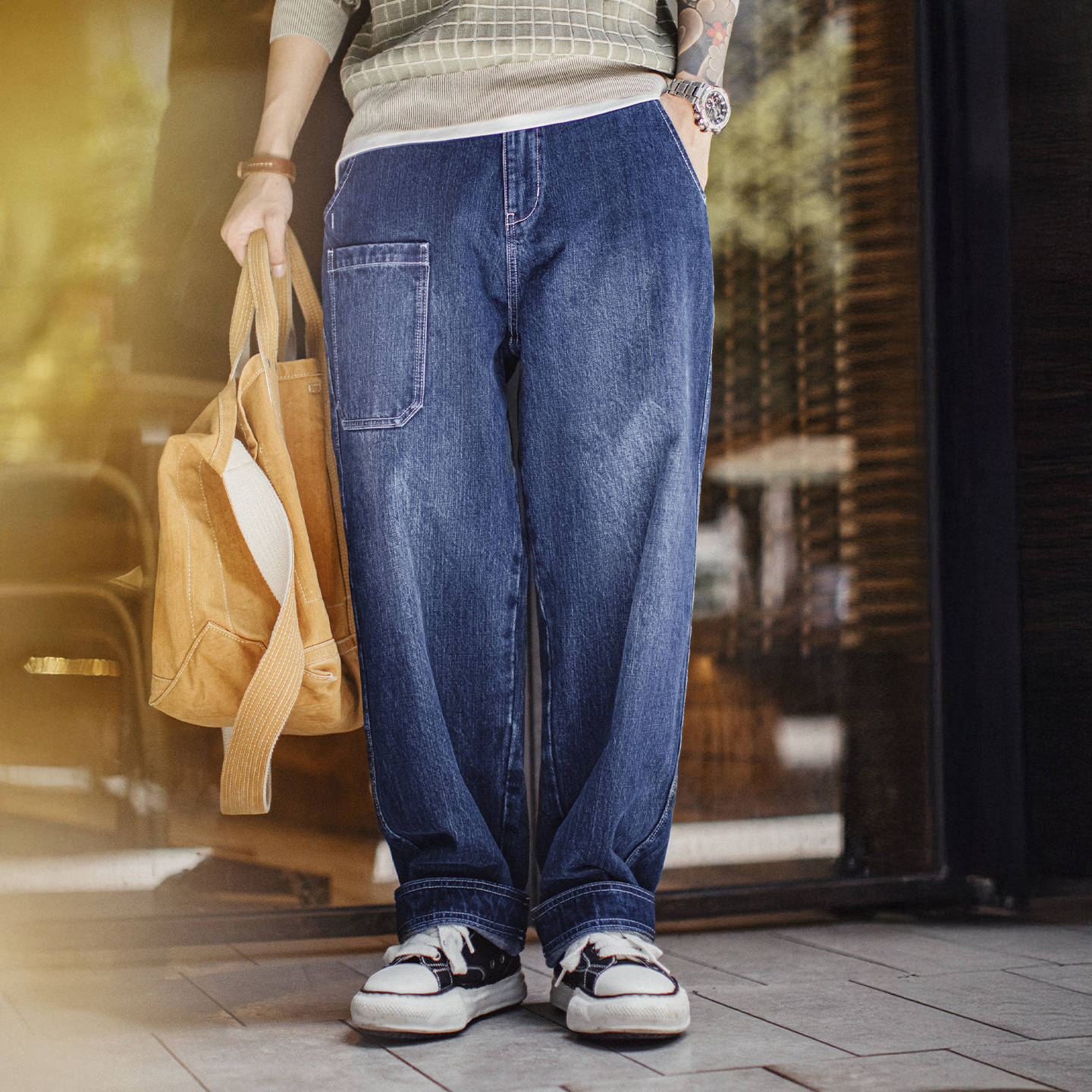 美式竹節水洗牛仔褲丹寧藍色直筒微錐型休閒長褲子男秋冬