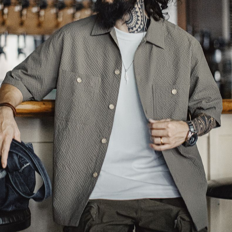 美式休閒AIRY空氣感泡泡紗襯衫透氣薄款襯衣外套男春夏