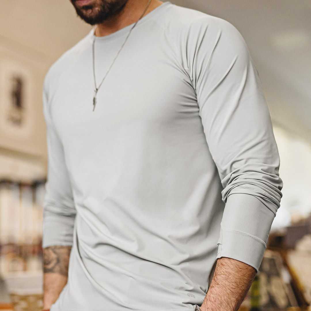 美式插肩袖速幹運動T恤防曬純色長袖涼感抗菌打底衫男春