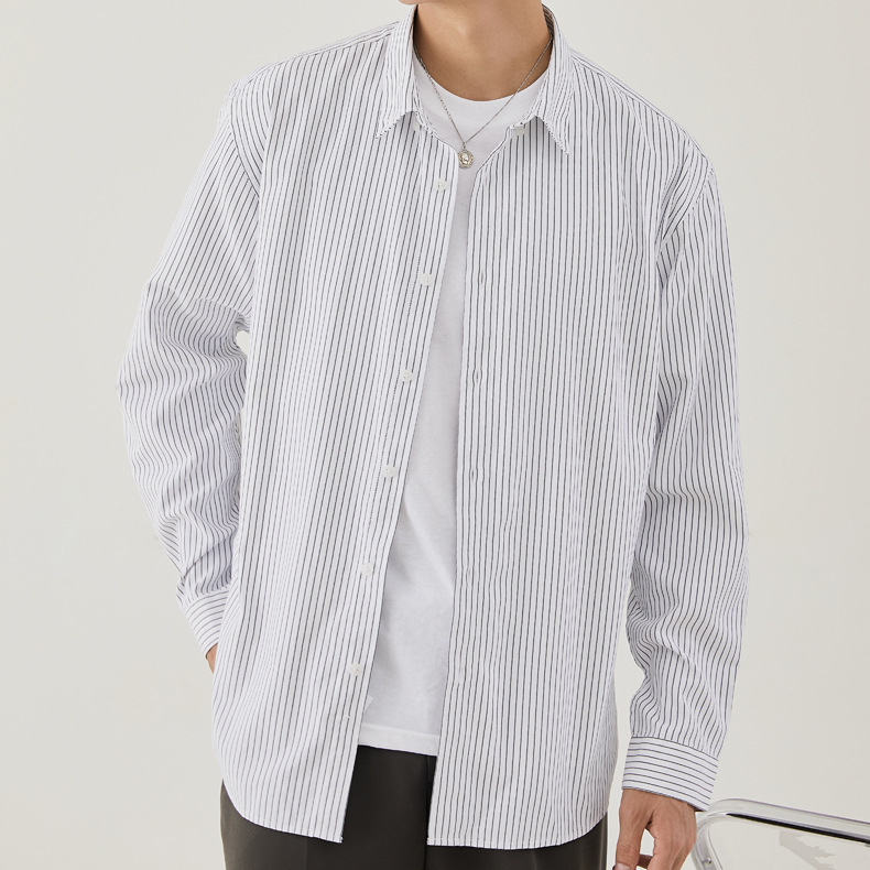 春秋新款輕商務翻領襯衣男條紋開衫長袖休閒男士襯衫