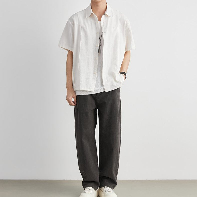 簡約輕薄古巴領短袖襯衫男夏季寬鬆落肩款日系休閒透氣襯衣