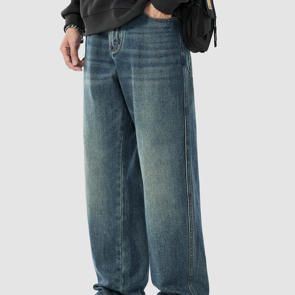 石磨洗 春秋美式牛仔褲男寬松休閑百搭直筒長褲子