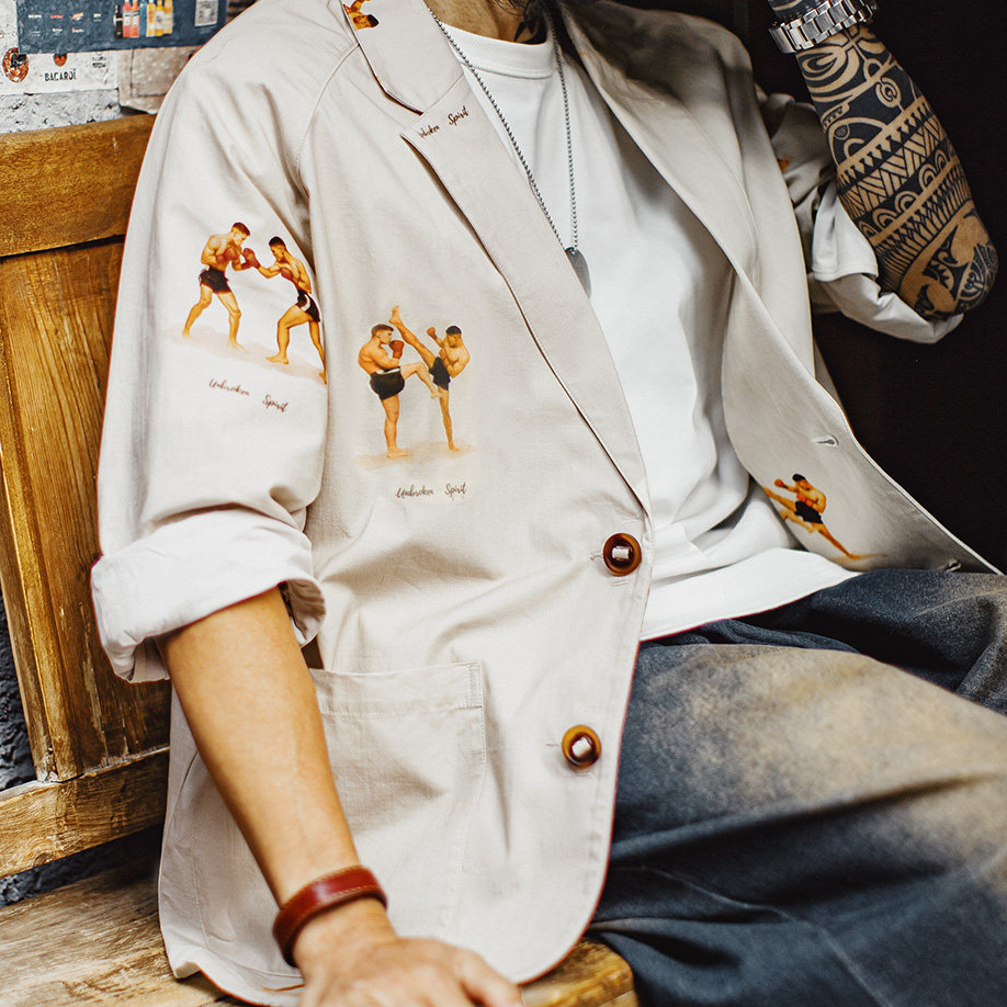 美式休閒平駁領西裝印花外套白色西服純棉長袖襯衫男款春