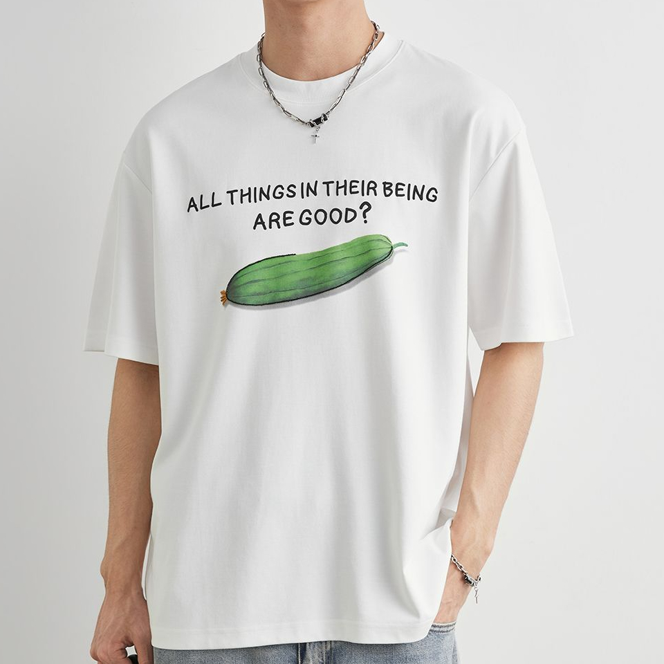 重磅210g莫代爾直噴趣味絲瓜印花短袖T恤男夏季寬鬆休閒半袖