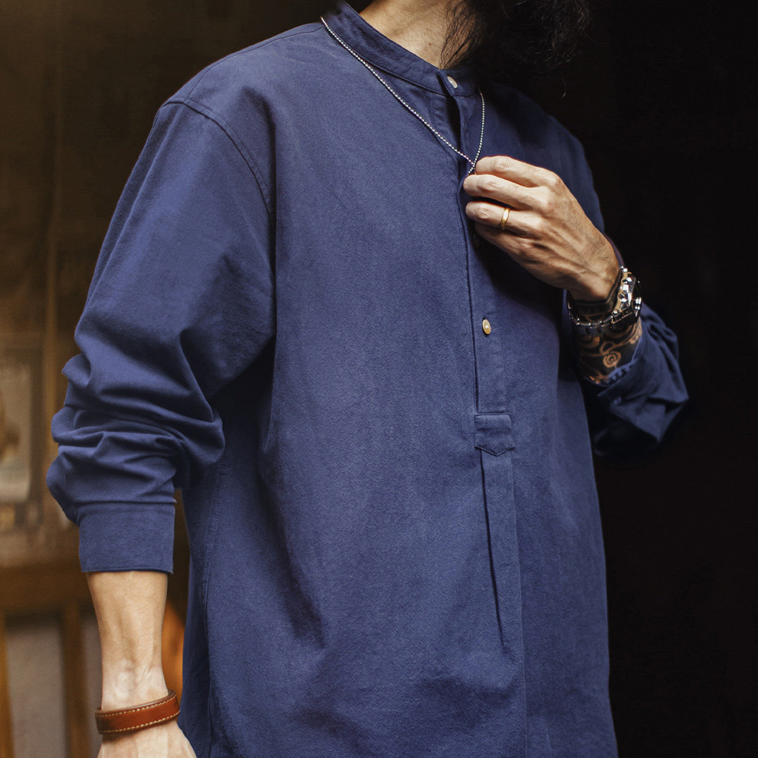 美式復古小立領長袖襯衫藏青色外穿純棉半高領T恤男款春
