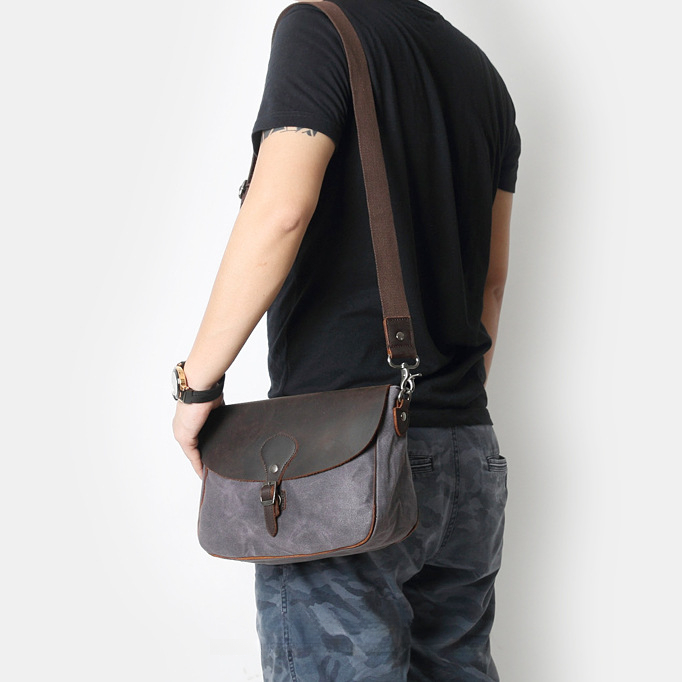 復古瘋馬皮男式休閒男包帆布包橫款單肩包斜挎包男士包包斜跨包