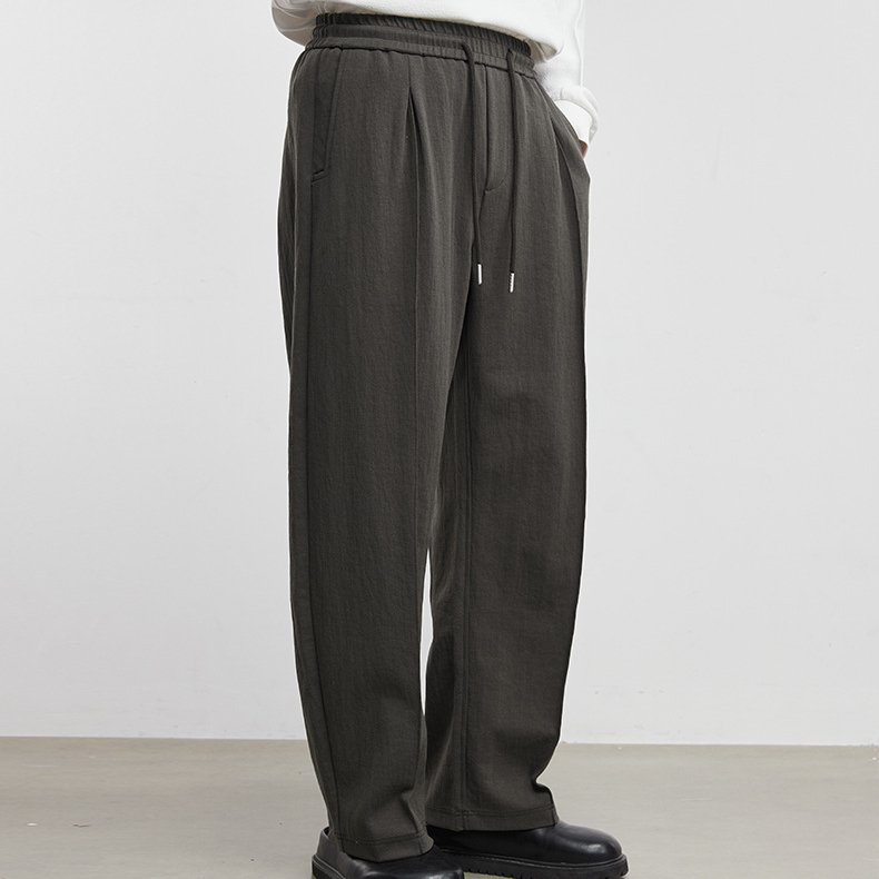 抽繩式肌理闊腿褲男2026春季新款復古寬鬆純色直筒休閒褲