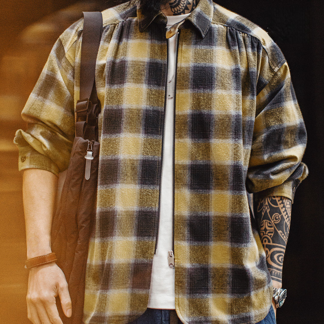 美式復古格子拉鍊襯衫翻領格紋純棉外套開衫長袖襯衣男春