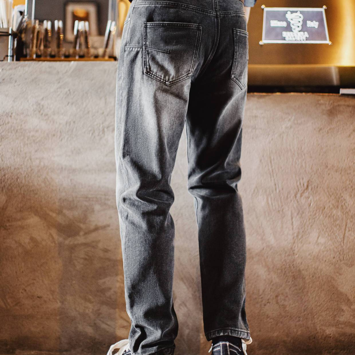 美式休閒水洗做舊牛仔褲灰色直筒微錐蘿蔔褲長褲子男夏秋