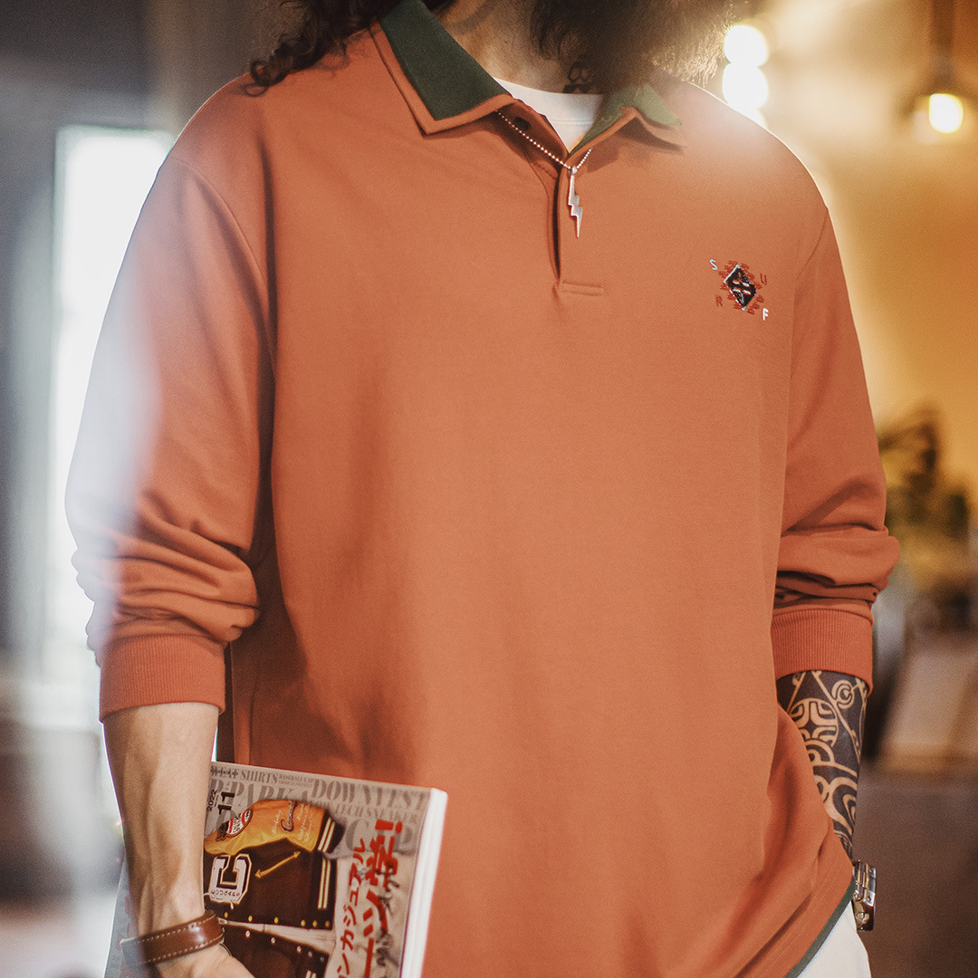 美式復古納瓦霍polo領衛衣假兩件長袖橘色針織polo衫男秋