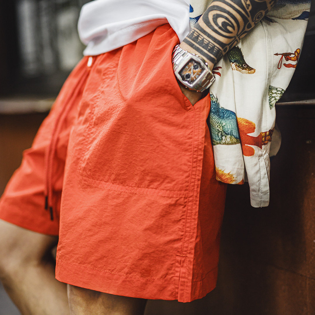 美式橘紅色海邊度假沙灘短褲塔絲隆外穿休閒五分褲男夏季