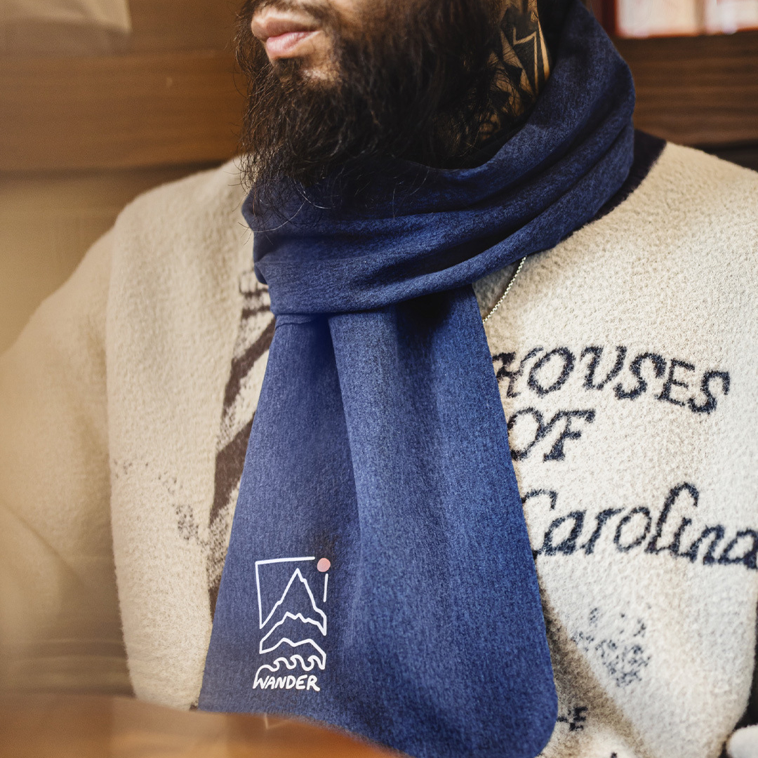 美式山影藍色印花圍巾保暖長圍脖披肩百搭薄款男士秋冬季