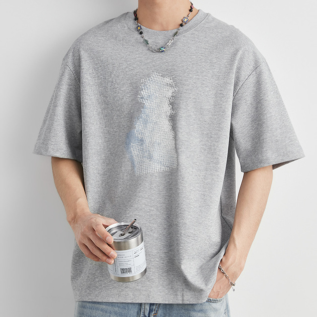 重磅220g棉紡親膚網格漸變T恤男夏季圓領寬鬆街頭潮流短袖