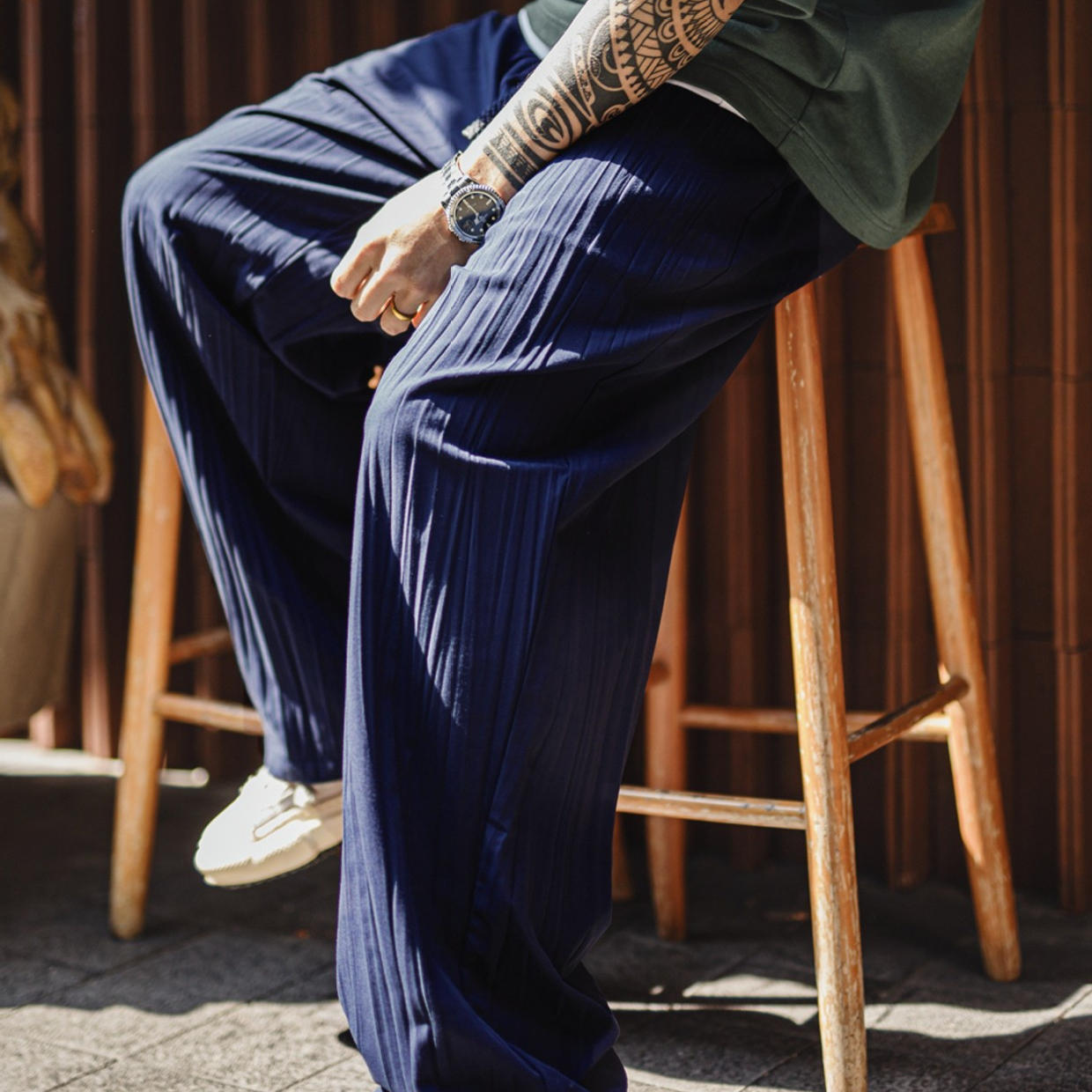 日系褶皺休閒坐禪褲藏青色輕薄款透氣抽繩垂感長褲子男夏