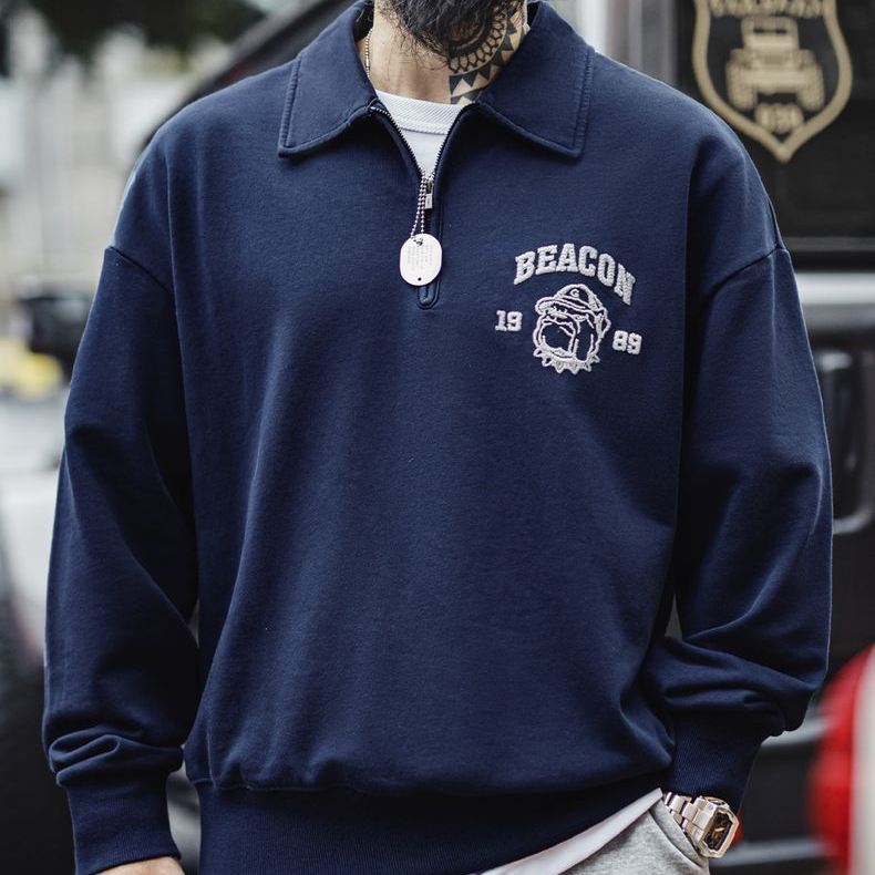 美式復古立體刺繡半開襟衛衣休閒翻領套頭polo衫上衣男春