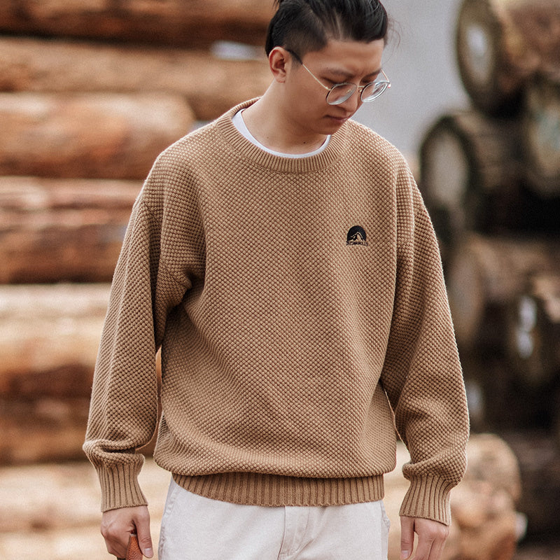 阿美咔叽山系秋冬針織衫圓領純色毛衣寬松落肩套頭打底衫