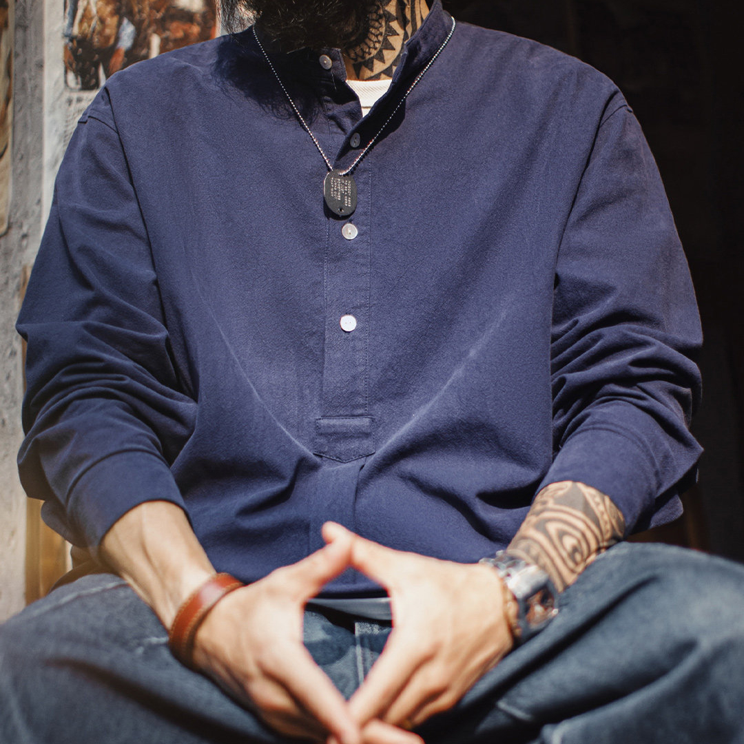 美式復古小立領長袖襯衫藏青色外穿純棉半高領T恤男款春