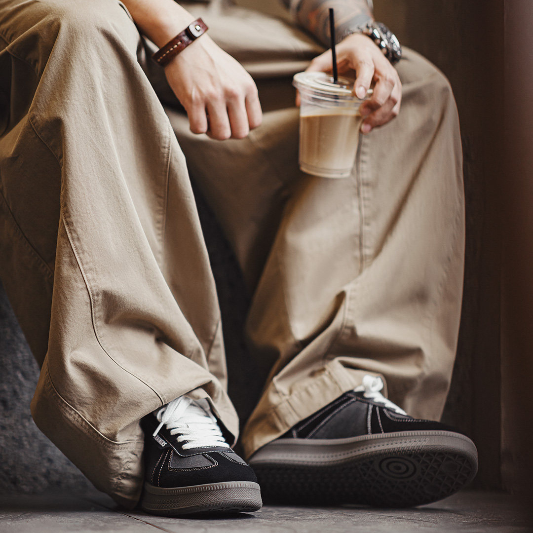 美式德訓板鞋經典復古咖色拼接厚底百搭增高鞋休閒阿甘鞋男款