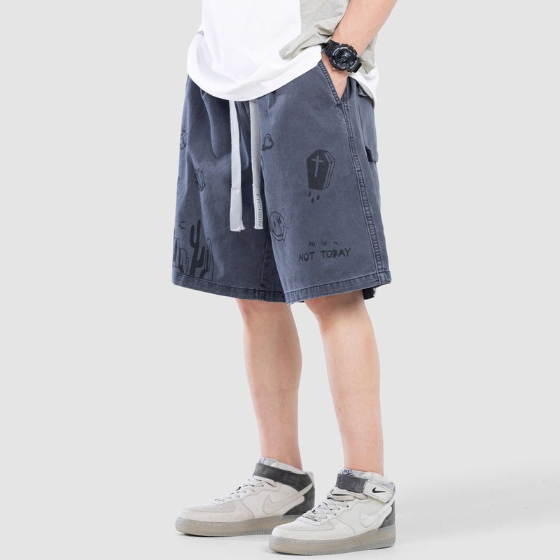 高級感個性塗鴉工裝短褲男士夏季寬松水洗純棉休閑五分褲