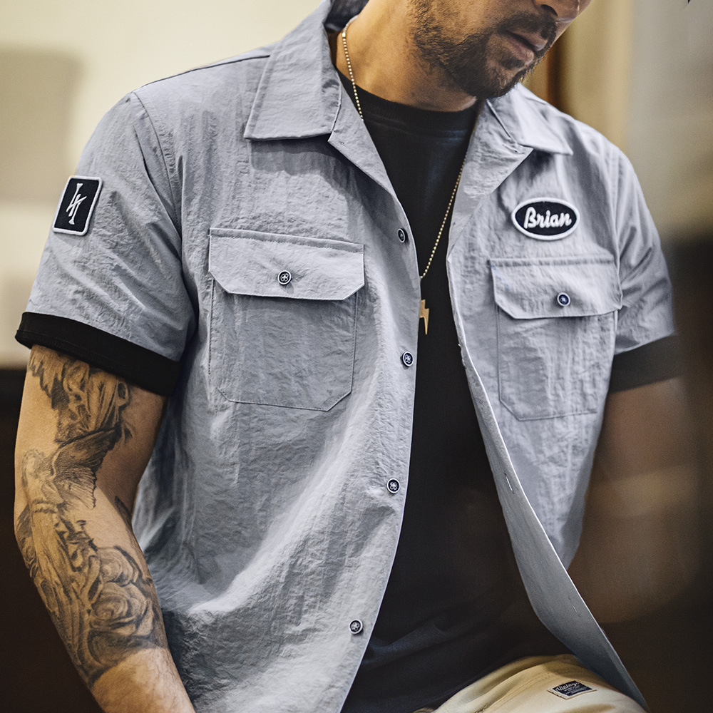 美式復古速度與激情同款古巴領襯衫硬漢vintage襯衣男夏