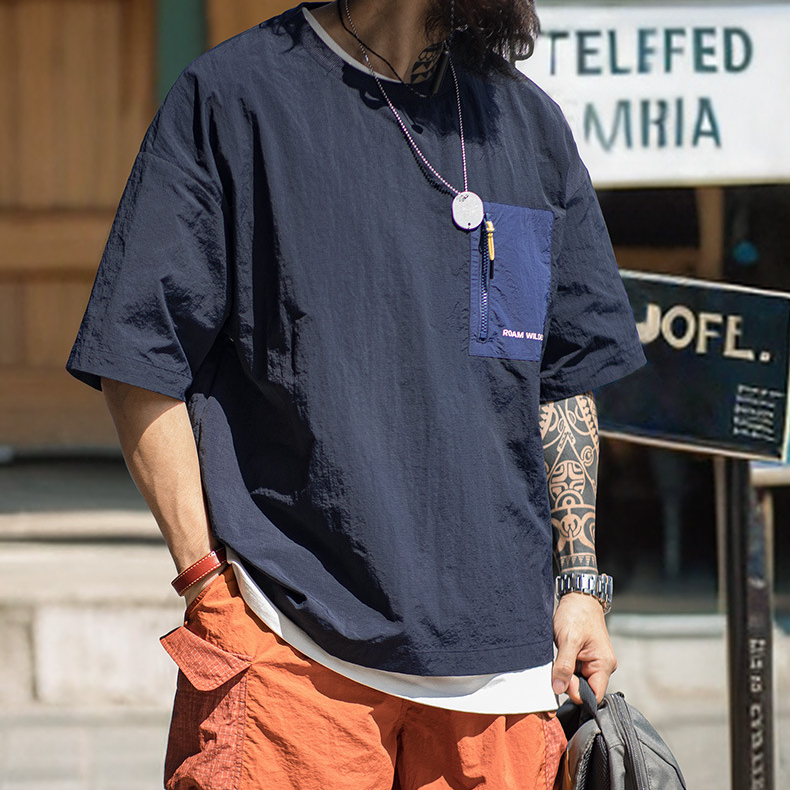 山系戶外薄款口袋拼接短袖T恤落肩尼龍透氣半袖T恤男夏