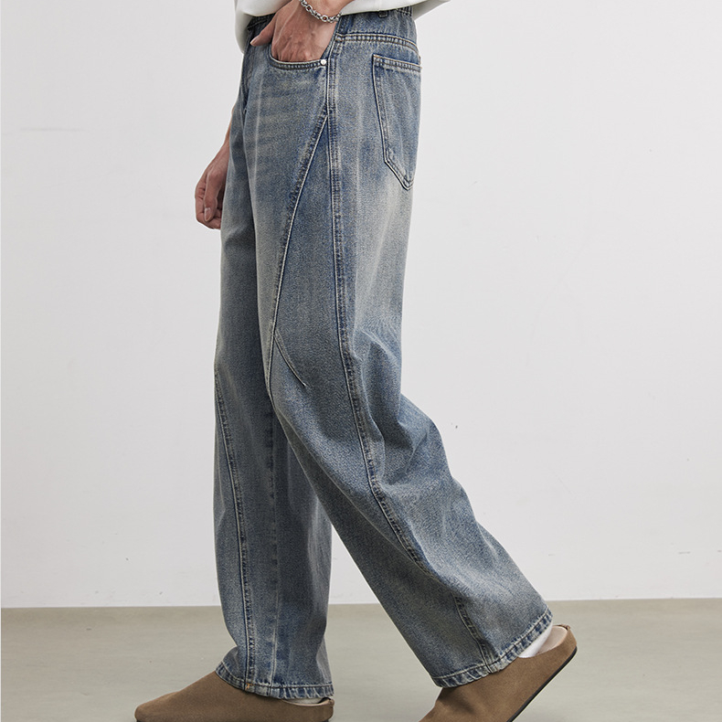 美式潮流復古水洗彎刀牛仔褲春季男士立體裁剪百搭寬鬆闊腿褲