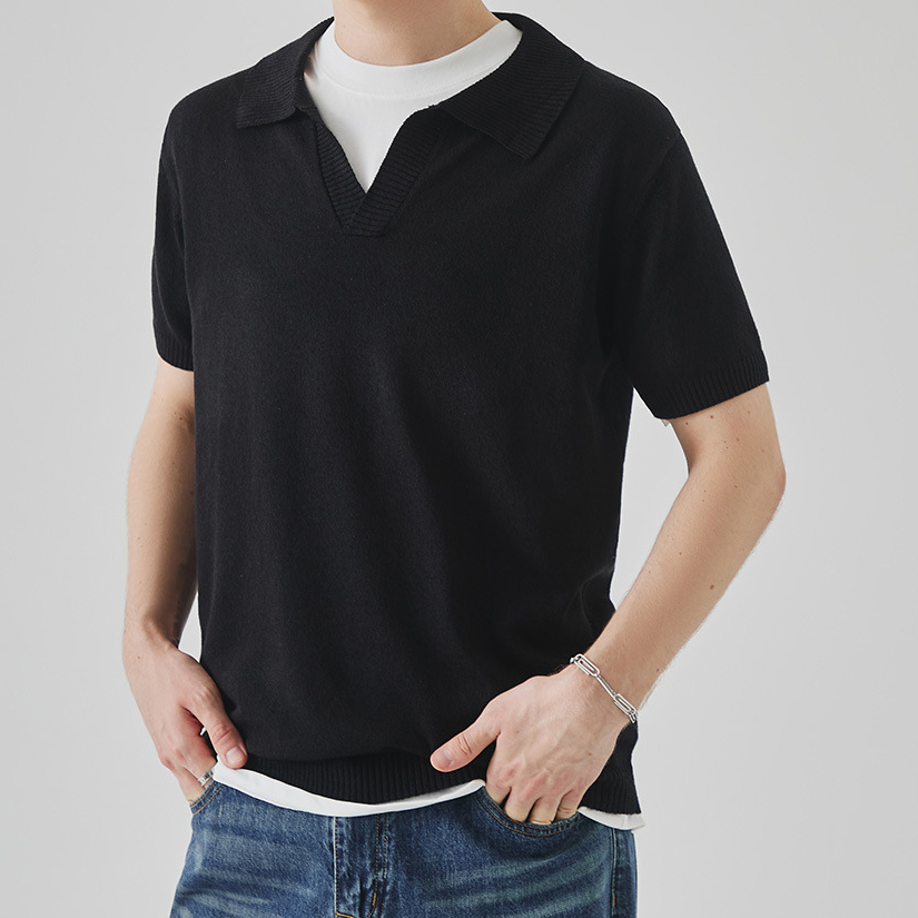 夏季針織短袖polo衫男高級感純色翻領休閒T恤上衣馬球衫