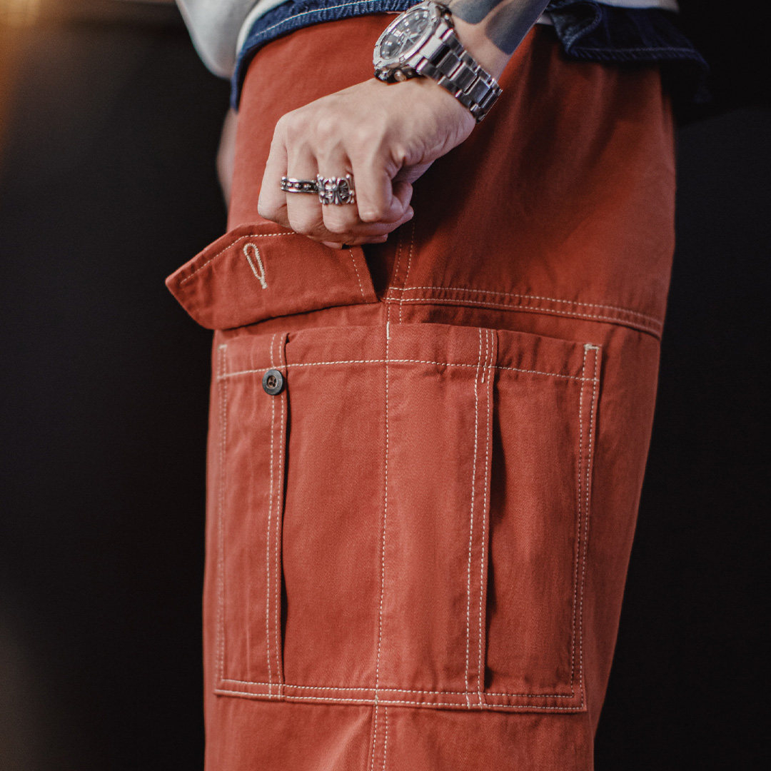 美式復古多口袋明線工裝褲磚紅色直筒闊腿束腳休閒褲男春