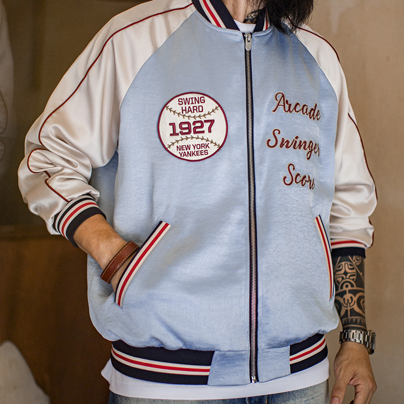 美式復古刺繡橫須賀棒球服夾克拼接痞帥緞面外套短款男秋