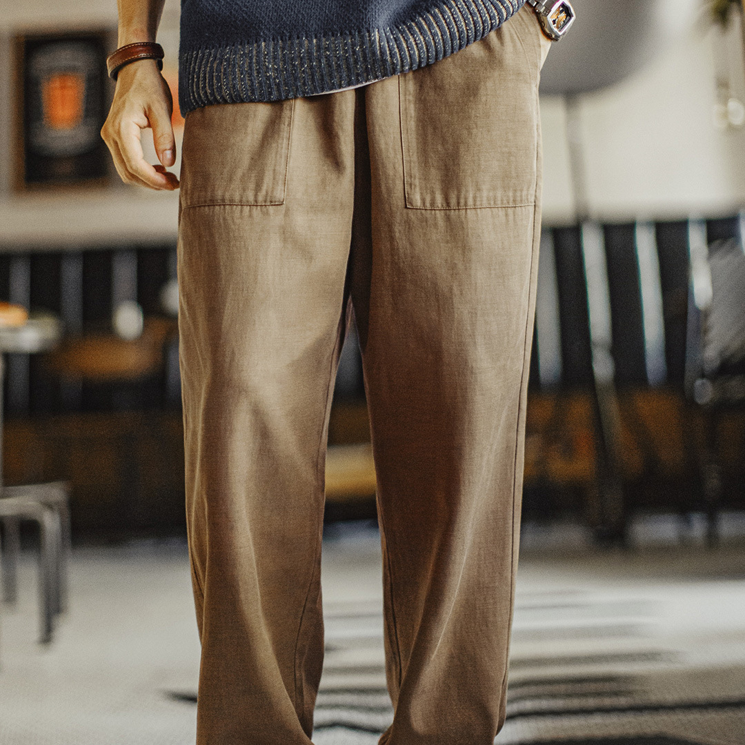 美式復古萊賽爾天絲貝克褲休閒束腳直筒藏青色長褲子男秋