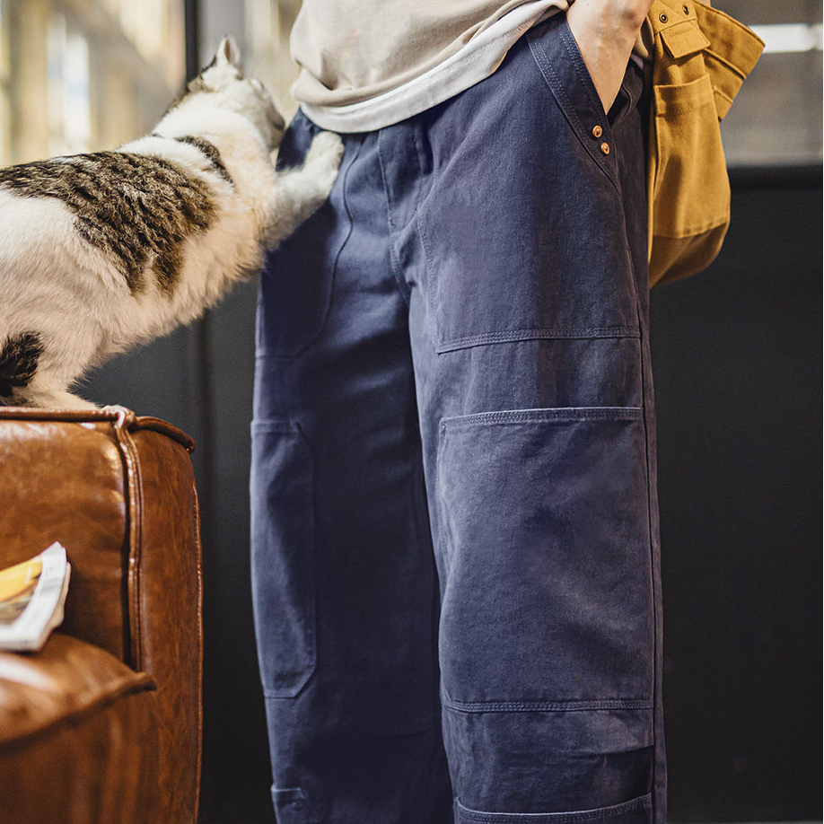 美式復古水洗多口袋工裝伐木褲純棉闊腿束腳休閒褲子男春