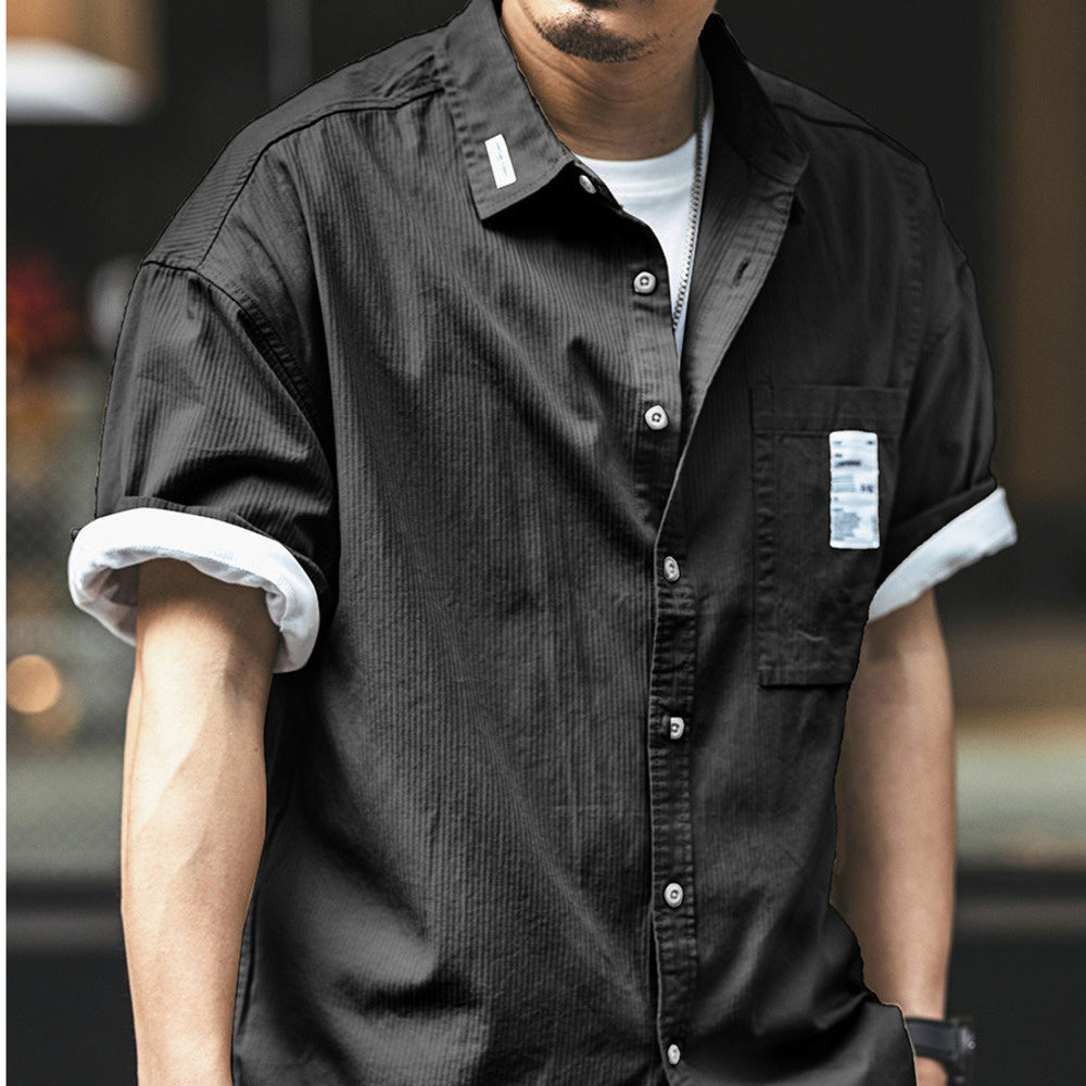 美式黑色短袖襯衫男夏季薄款寬松純棉休閑上衣痞帥疊穿工裝襯衣男